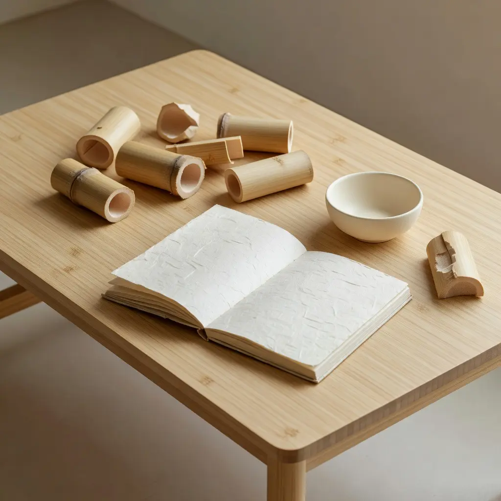 Carnets de bambou Maison Takehana avec fibres naturelles, bambou coupé, carnet ouvert et matière japonaise pour design durable
