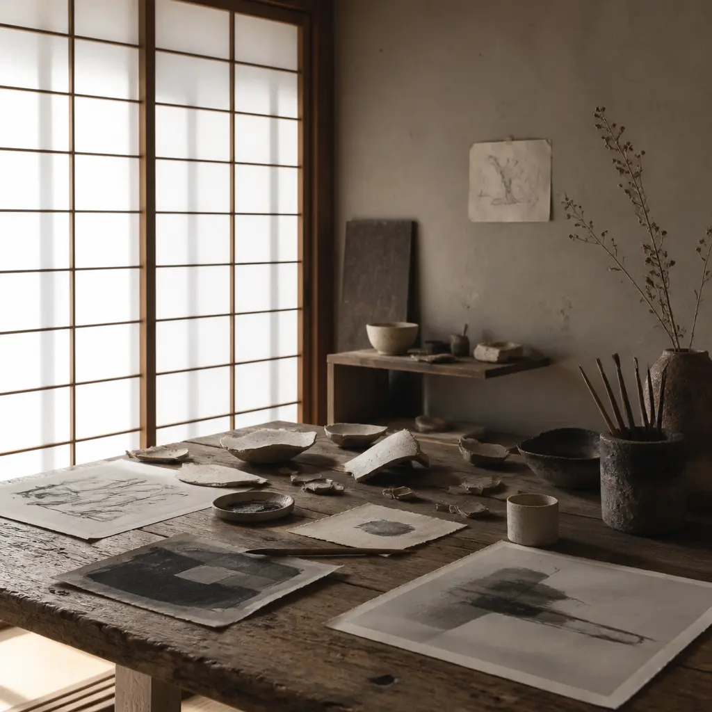 Fragments d’atelier Maison Takehana avec outils japonais, table d’atelier, papiers, céramiques et lumière naturelle