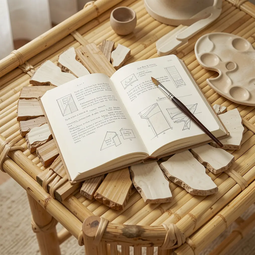 Premières lignes Maison Takehana avec carnet ouvert, croquis de design japonais, pinceau de calligraphie, bambou et papier washi