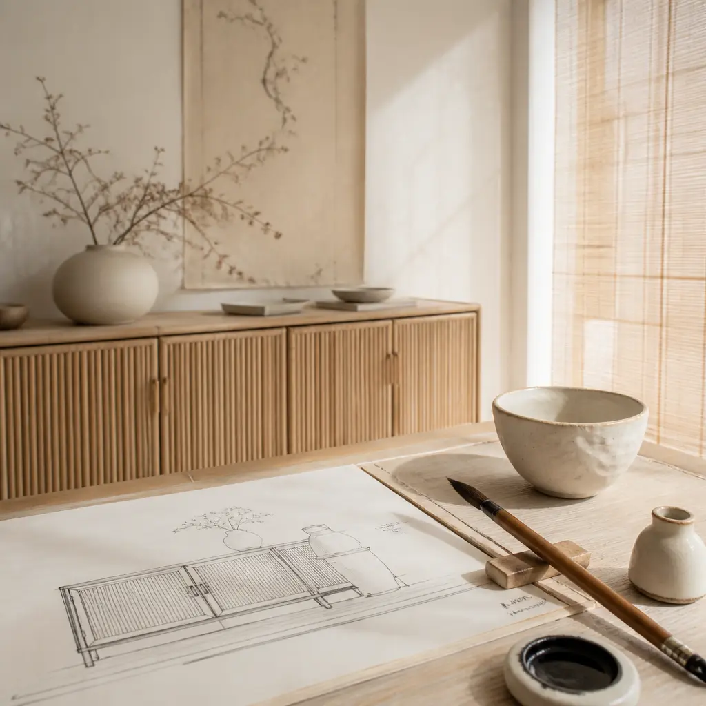 Croquis de design japonais et pinceau de calligraphie illustrant le geste japonais et la ligne juste pour Maison Takehana