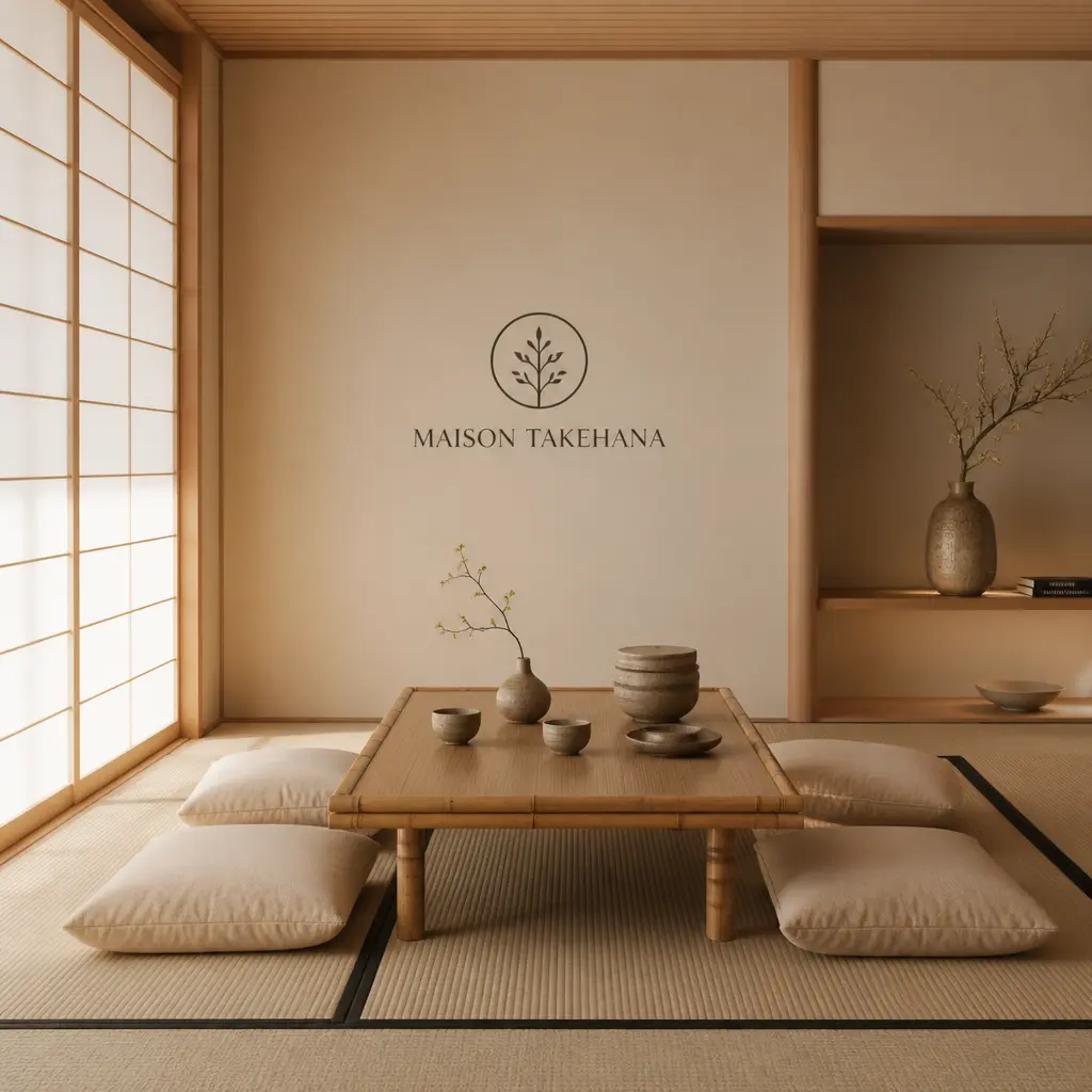 Mobilier bas japonais en bambou dans un intérieur minimaliste illustrant l’art d’habiter bas pour Maison Takehana