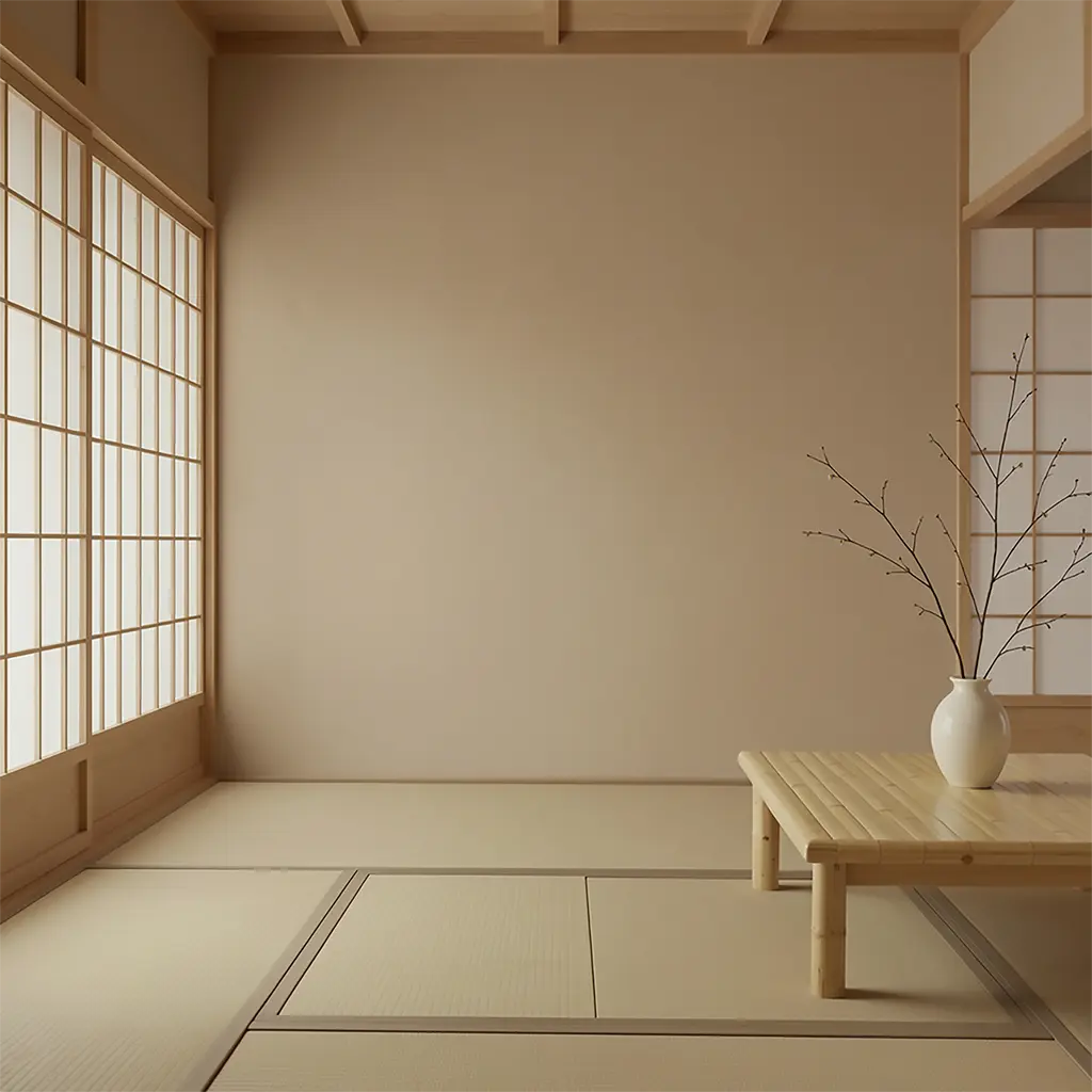 Intérieur japonais minimaliste illustrant le vide comme espace de luxe pour Maison Takehana