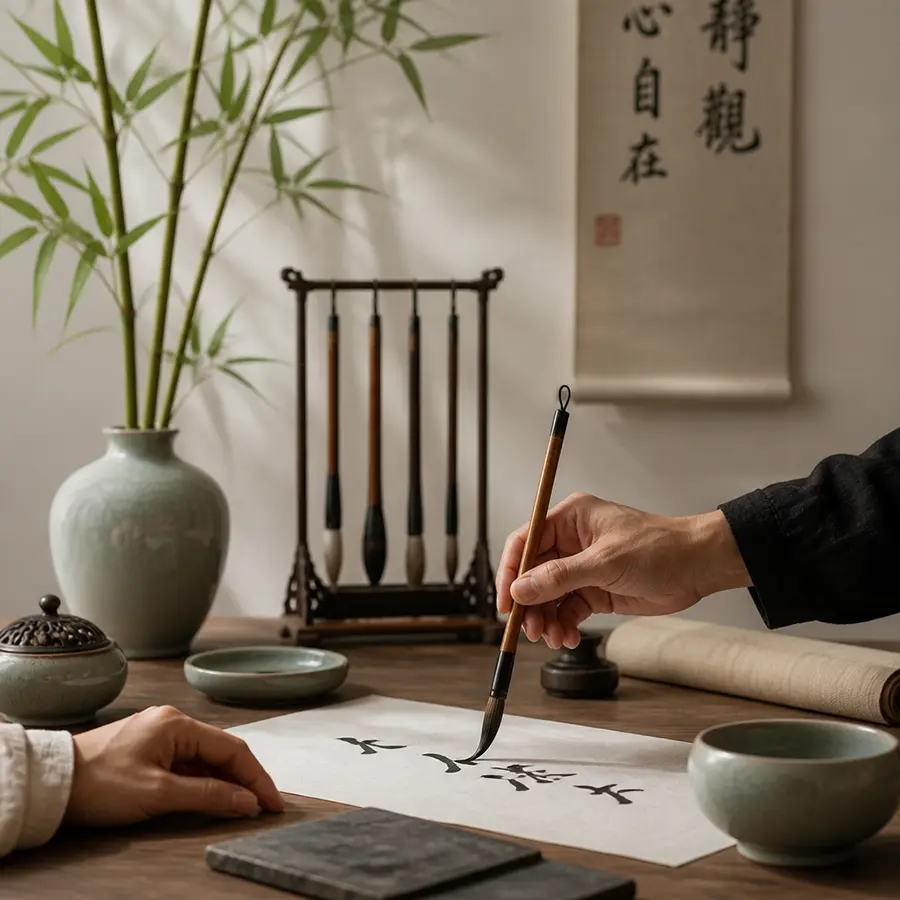 Maison Takehana, étape transmettre avec geste de calligraphie et apprentissage du savoir-faire japonais