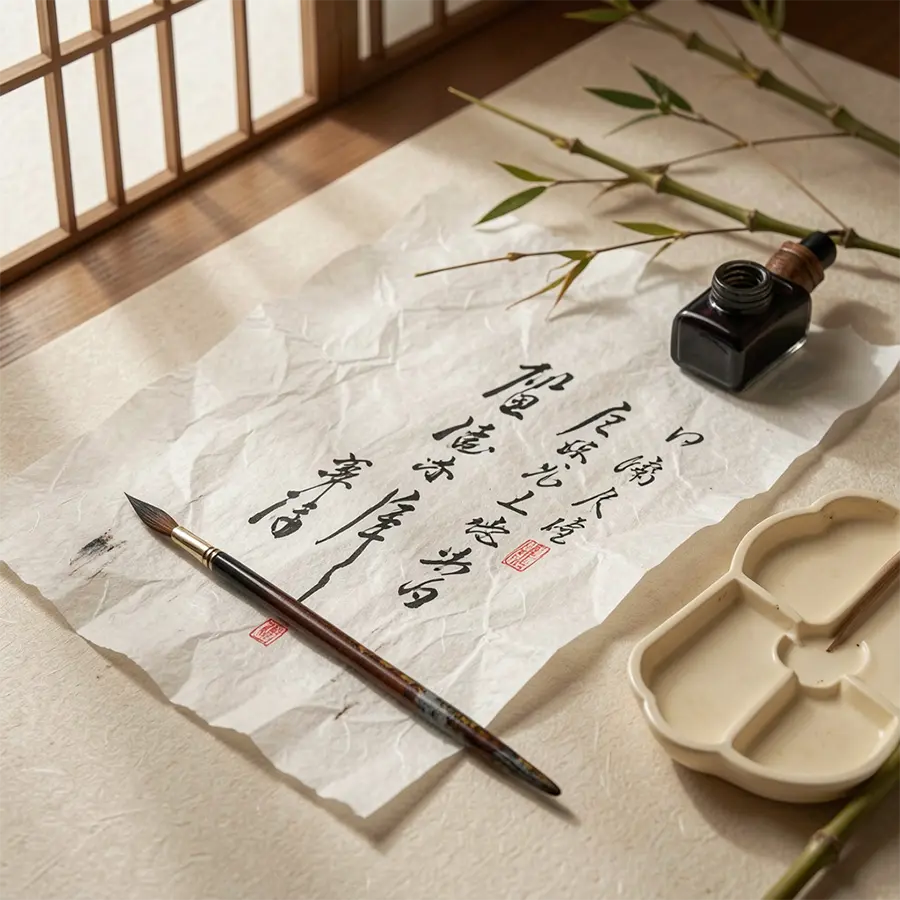 Formation Maison Takehana en calligraphie japonaise avec papier washi, pinceau, encrier noir et bambou