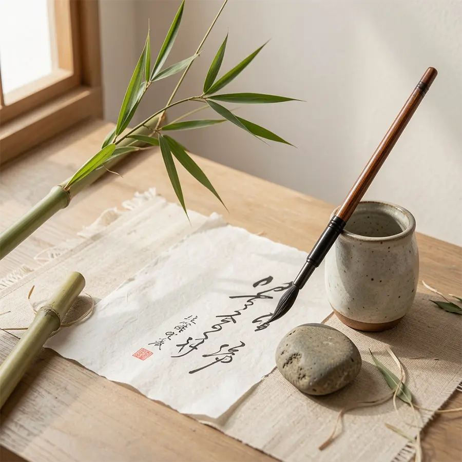 Formation Maison Takehana sur la culture du geste avec pinceau de calligraphie, bambou, papier washi, céramique et galet naturel