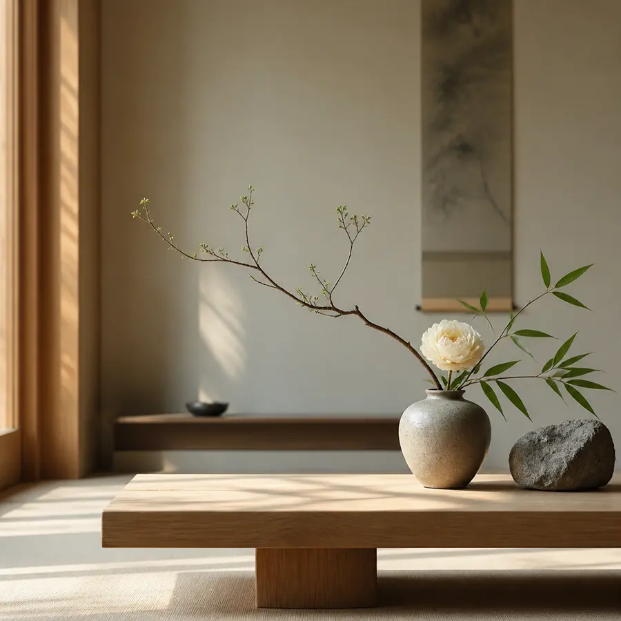 Formation Maison Takehana en ikebana japonais avec vase en céramique, fleur blanche, bambou et pierre naturelle