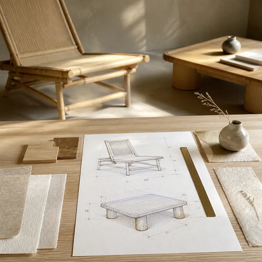 Formation Maison Takehana en mobilier design contemporain avec croquis de chaise, table basse en bambou et atelier japonais