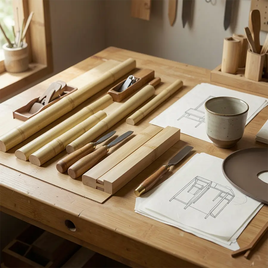 Atelier Maison Takehana avec pièces de bambou, outils artisanaux et croquis de mobilier japonais