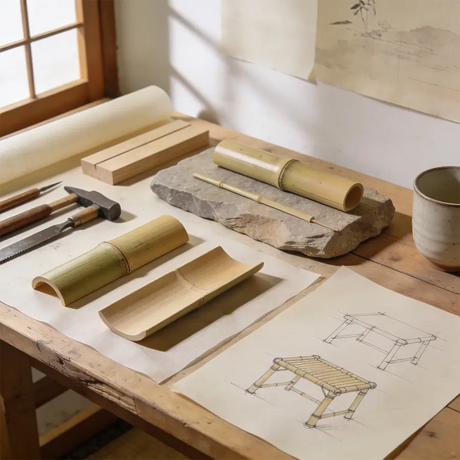 Atelier japonais Maison Takehana avec bambou coupé, outils artisanaux, pierre brute et croquis de chaise basse