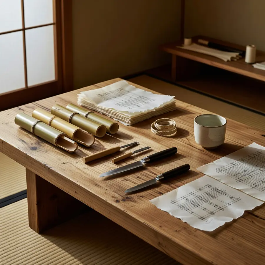 Atelier japonais Maison Takehana avec bambou, outils de coupe et croquis de mobilier sur papier washi