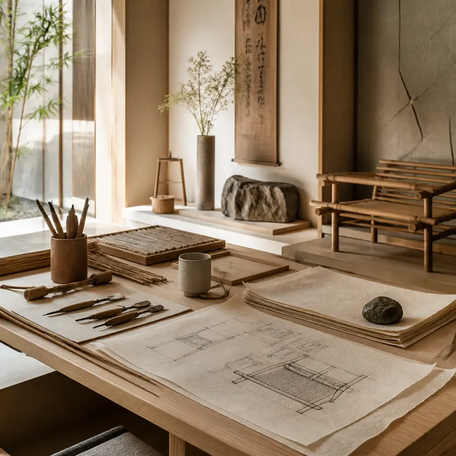 Atelier japonais Maison Takehana avec croquis de mobilier, outils artisanaux, bambou et papier washi