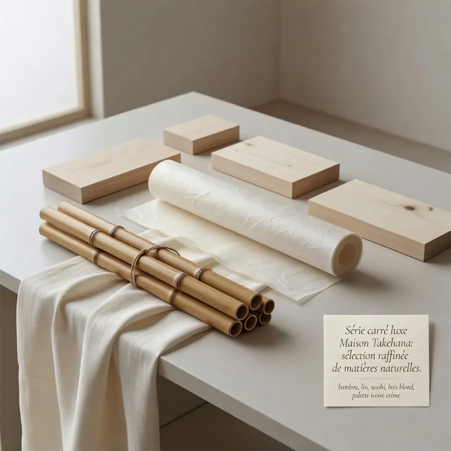 Sélection de matières naturelles Maison Takehana avec bambou, papier washi, textile clair et bois blond