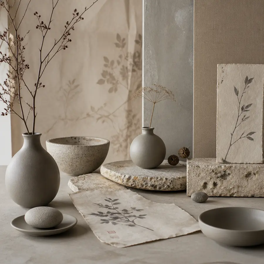 Composition de ressources naturelles Maison Takehana avec papier washi, céramique, pierre brute et ambiance japonaise minérale