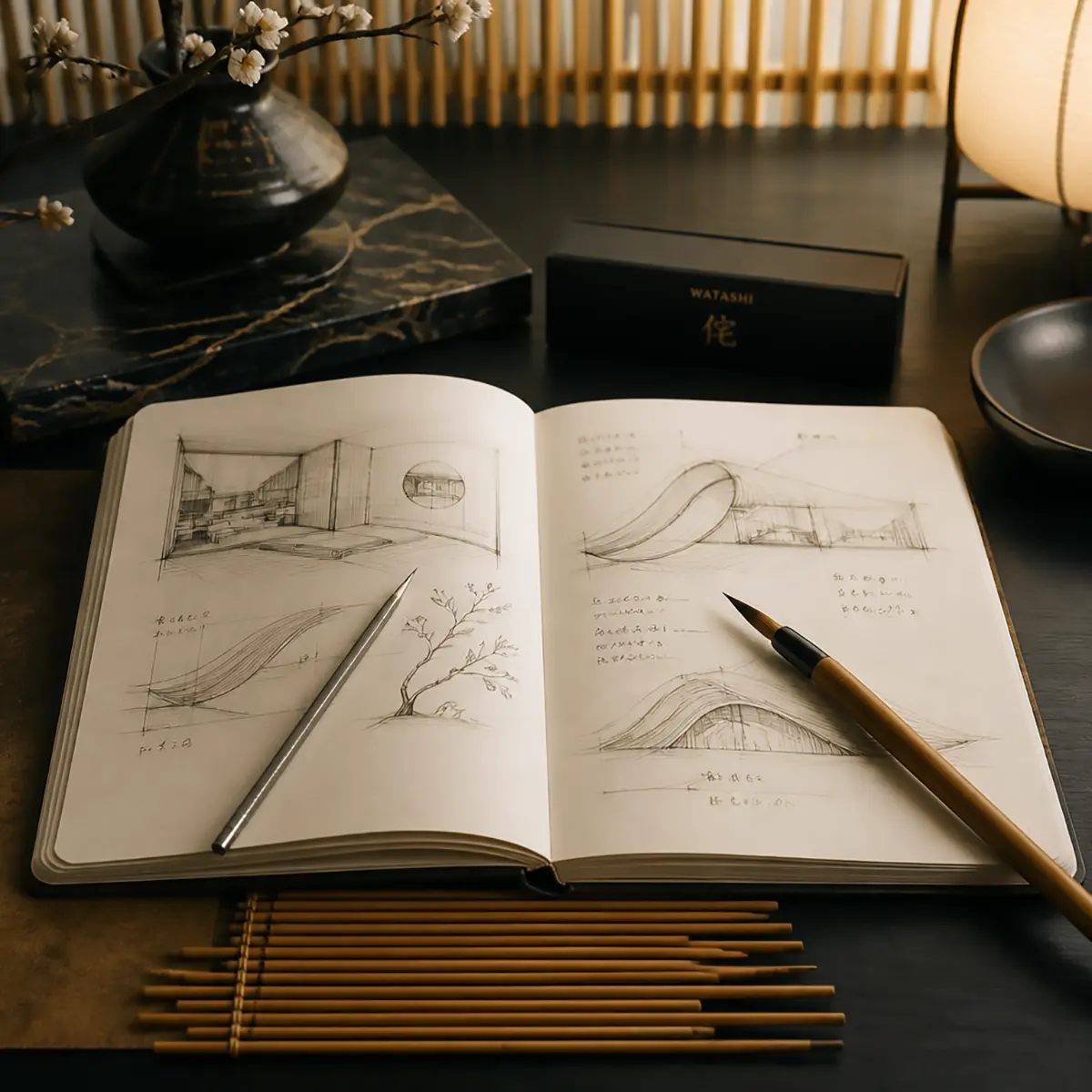Processus de création Maison Takehana, dessin du geste et croquis de mobilier en bambou