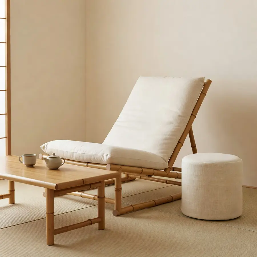 Méridienne basse Maison Takehana en bambou avec coussins ivoire, table basse et pouf rond