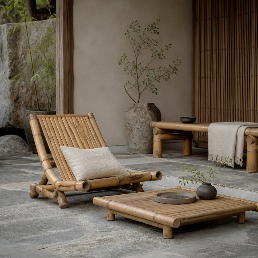 Collection de mobilier bas Maison Takehana en bambou dans un intérieur japonais calme et minimaliste