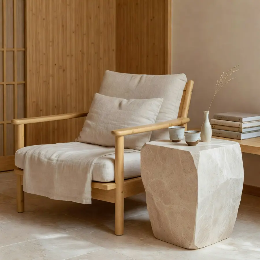 Assise de repos Maison Takehana en bambou et lin avec table sculpturale en pierre