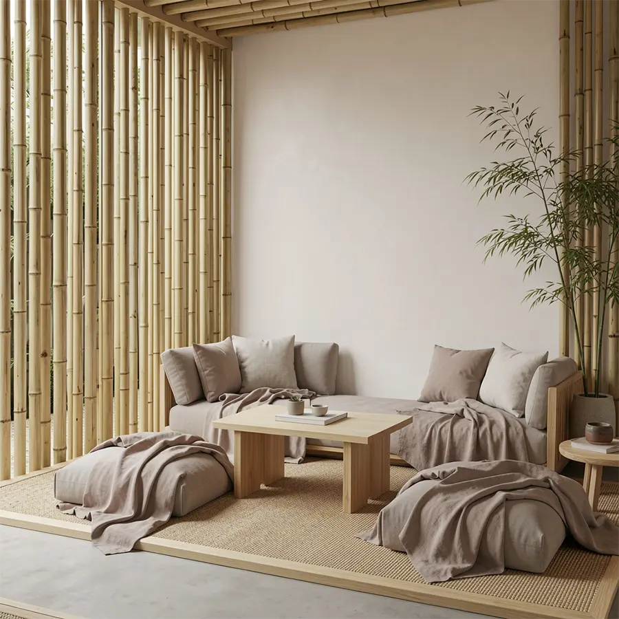 Espace de repos japonais Maison Takehana avec assises basses, coussins en lin, paroi de bambou et plante