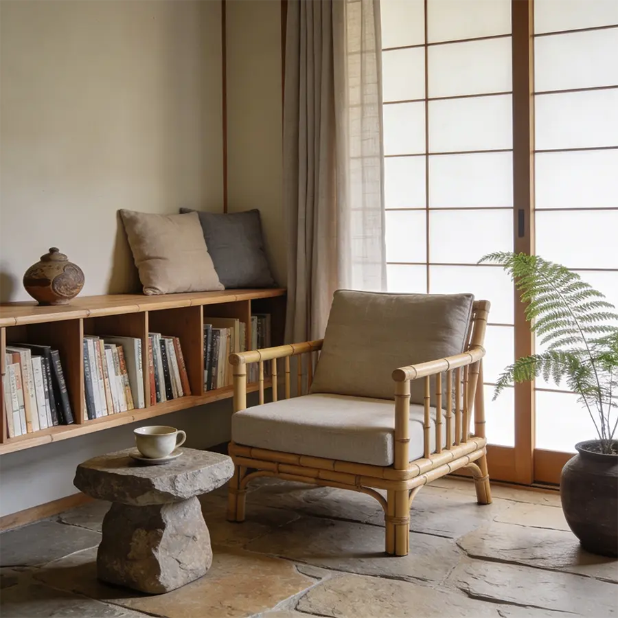 Espace scénographique Maison Takehana avec bambou, lumière douce et intérieur japonais contemporain