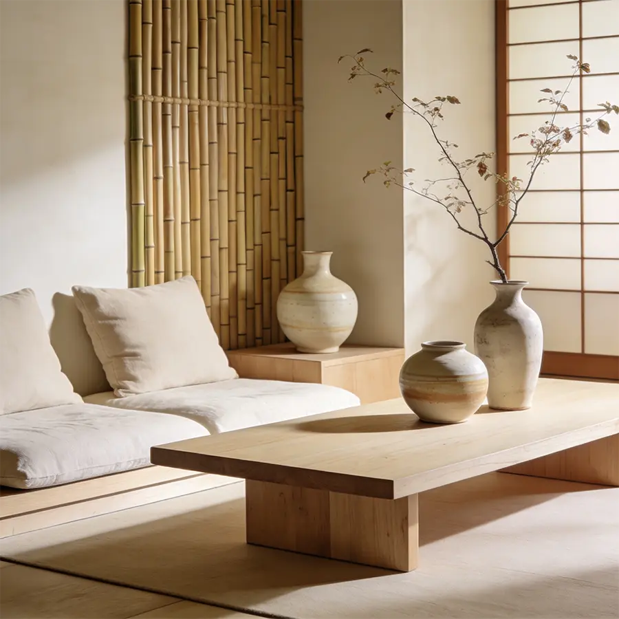 Intérieur apaisé Maison Takehana avec bambou, lumière douce et design japonais contemporain