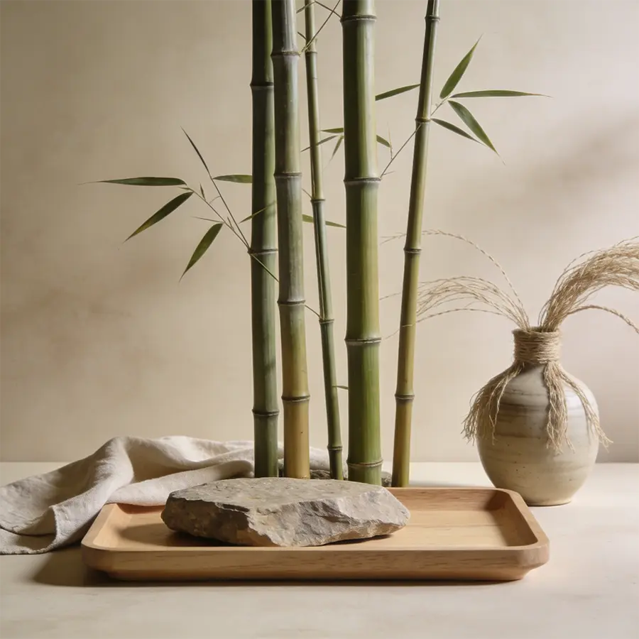 Matières naturelles Maison Takehana avec bambou, pierre, céramique et palette japonaise minérale