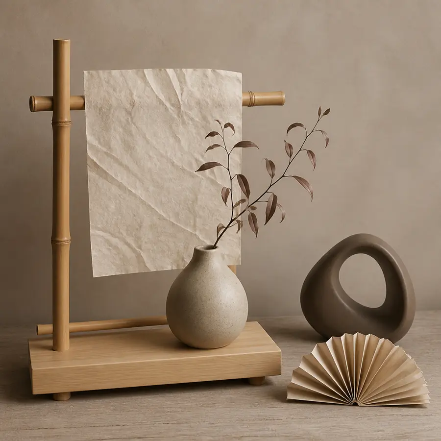 Composition Maison Takehana avec support en bambou, papier washi, vase céramique, branche et éventail