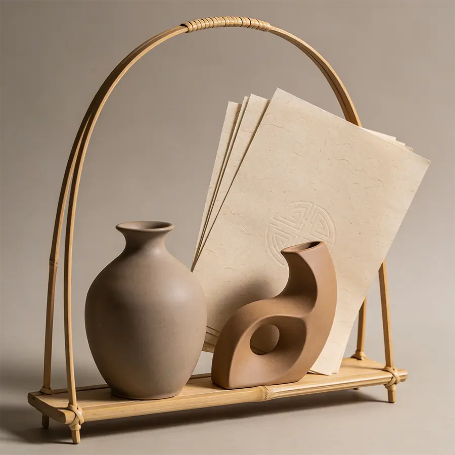 Présentoir en bambou Maison Takehana avec vases céramique, papiers washi et objet sculptural