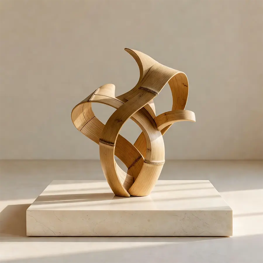Pièce rare Maison Takehana en bambou sculpté présentée sur un socle dans une ambiance japonaise sobre