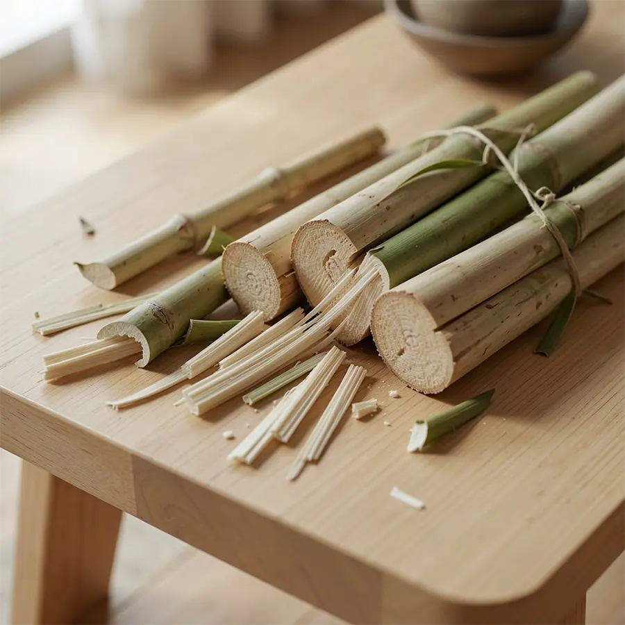 Bambou japonais naturel sur table claire, matière de référence pour Maison Takehana