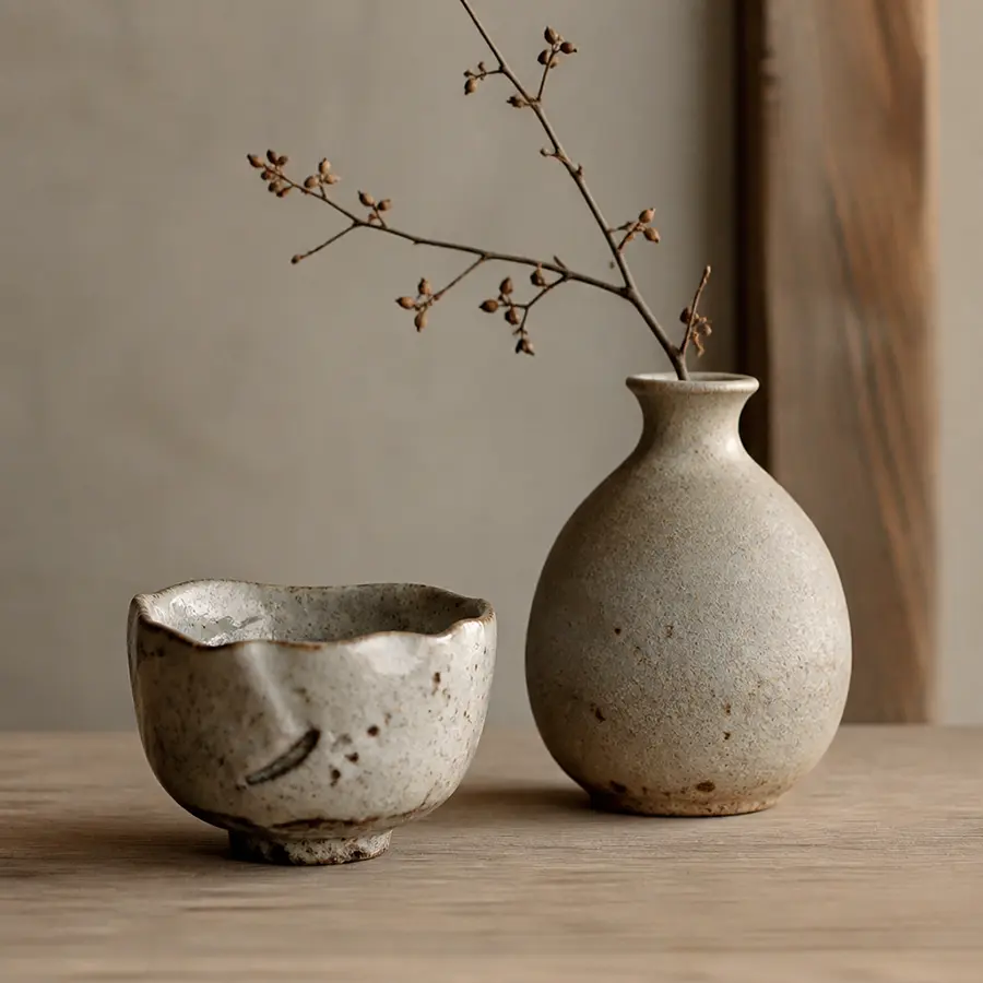 Céramique japonaise wabi-sabi avec vase et bol artisanaux, référence Maison Takehana