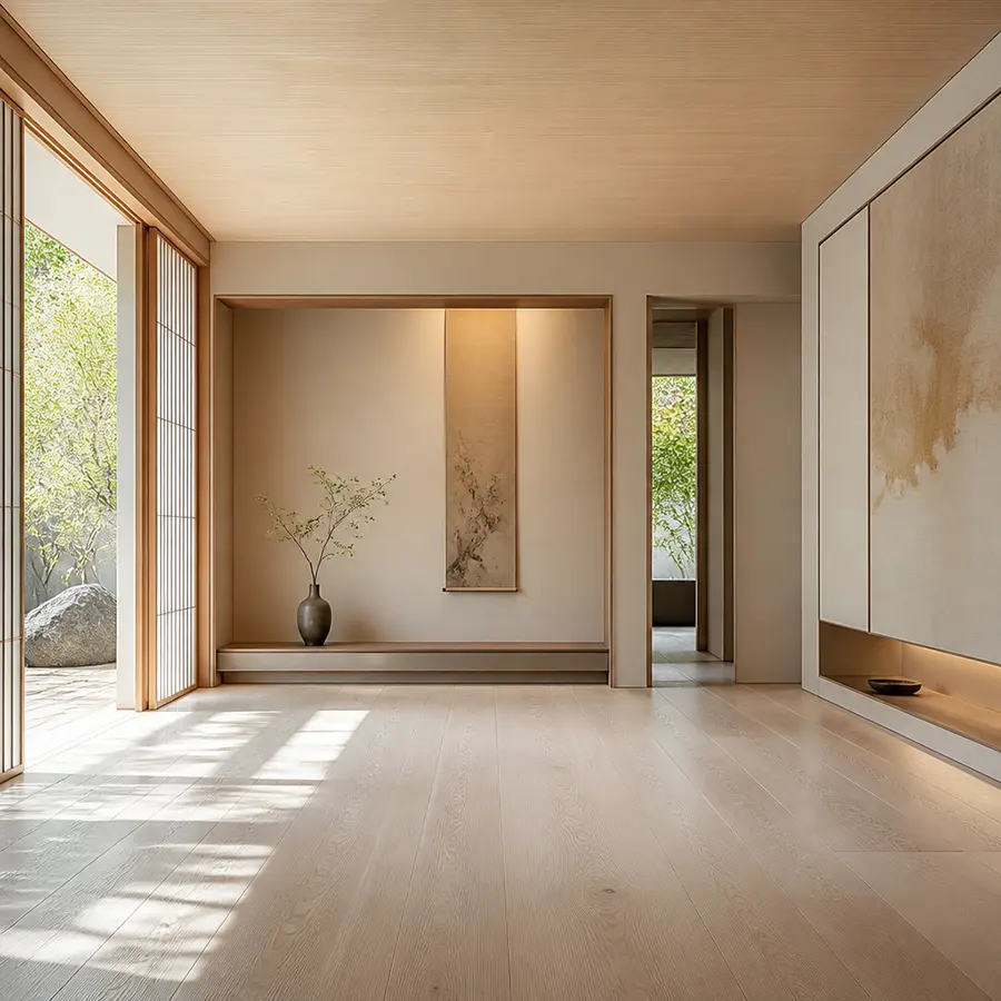 Lumière diffuse dans un intérieur japonais clair avec shoji et espace respirant Maison Takehana