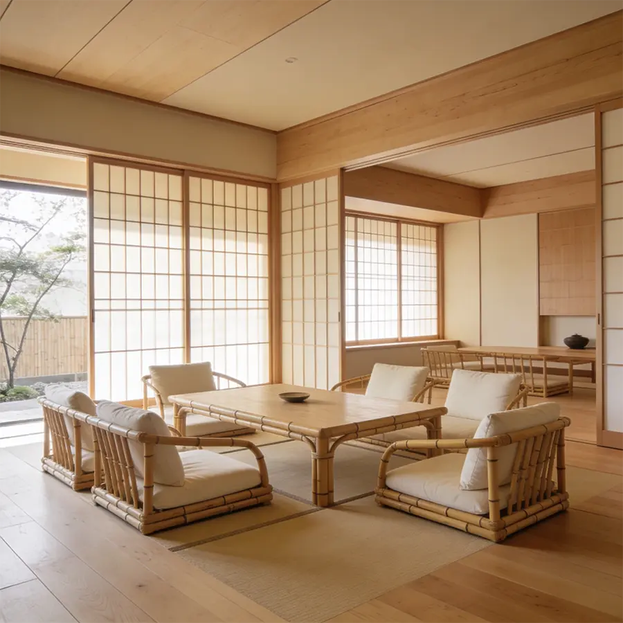 Mobilier bas japonais en bambou dans un intérieur clair et minimaliste Maison Takehana