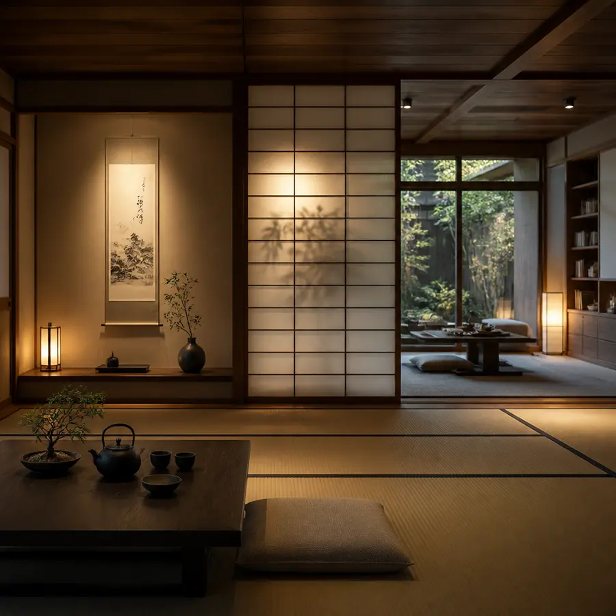 Intérieur japonais avec panneaux shoji, lumière douce et espace calme Maison Takehana