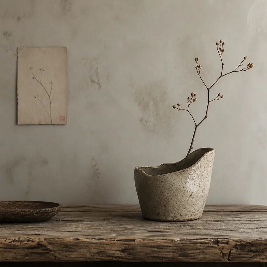 Céramique artisanale et matière patinée, référence wabi-sabi Maison Takehana