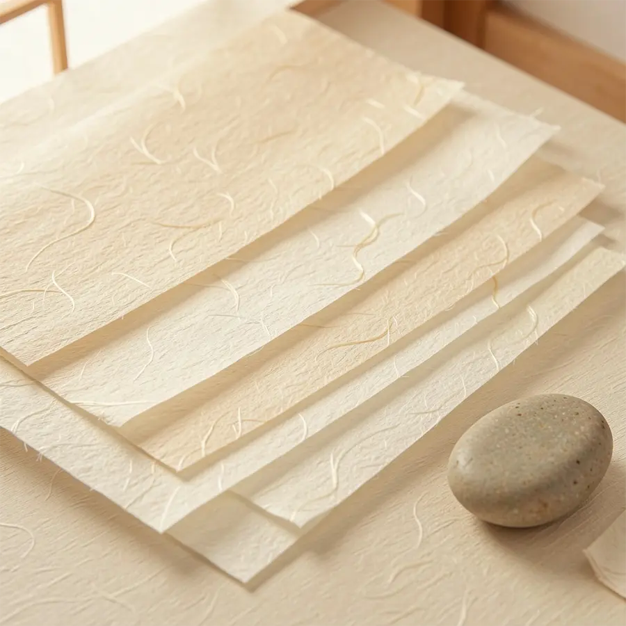 Papier washi japonais texturé et lumière douce, référence sensible Maison Takehana